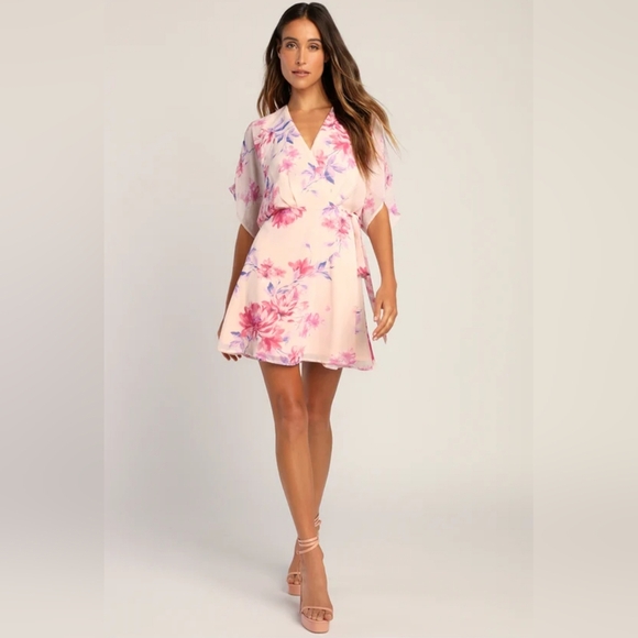 Lulus Lovely Aura Blush Pink Floral Short Sleeve Wrap Dress M - Picture 9 of 9